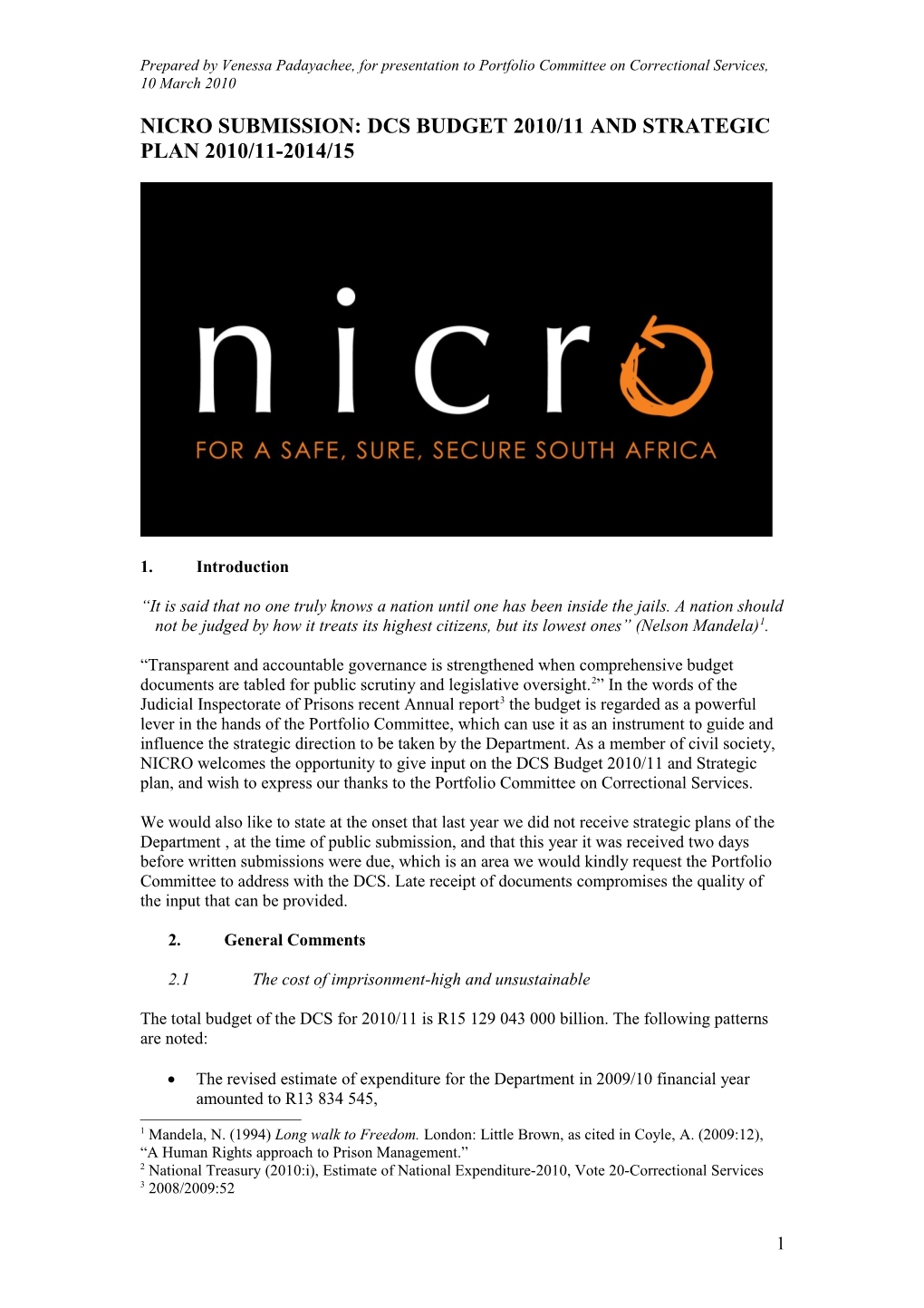 Nicro Submission: Dcs Budget and Strategic Plan