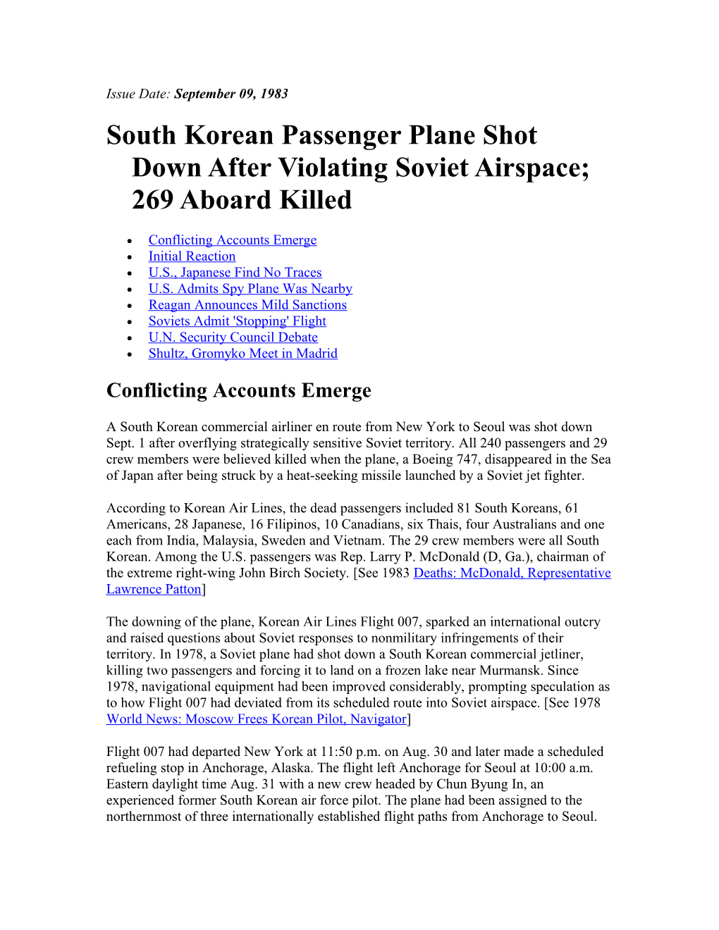 South Korean Passenger Plane Shot Down After Violating Soviet Airspace; 269 Aboard Killed