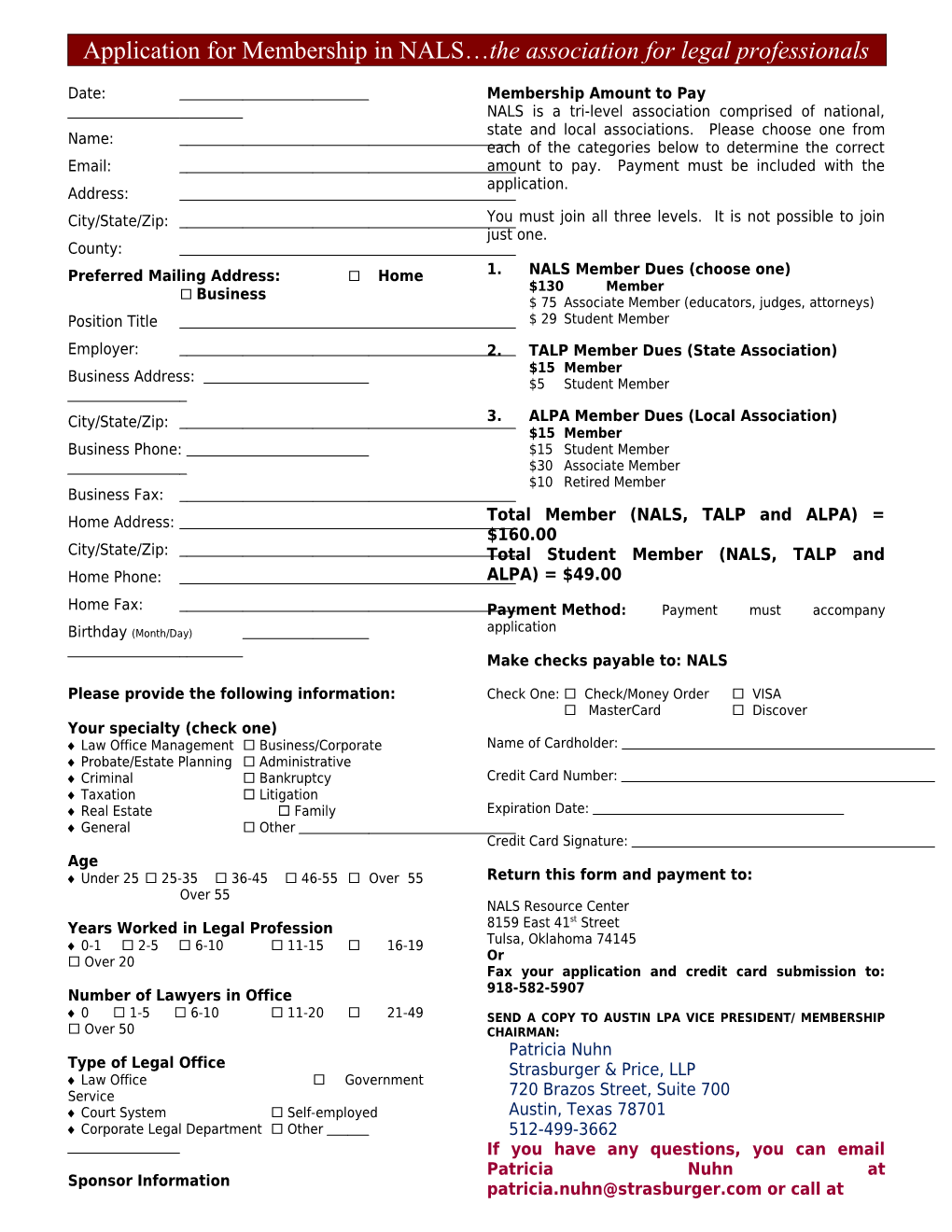 Application for Membership in NALS the Association for Legal Professionals