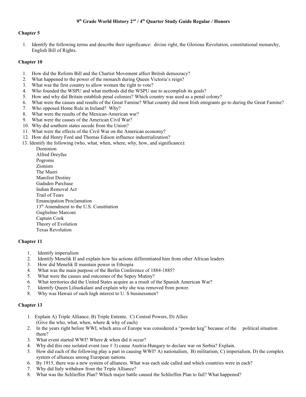 9Th Grade World History 2Nd / 4Th Quarter Study Guide Regular / Honors