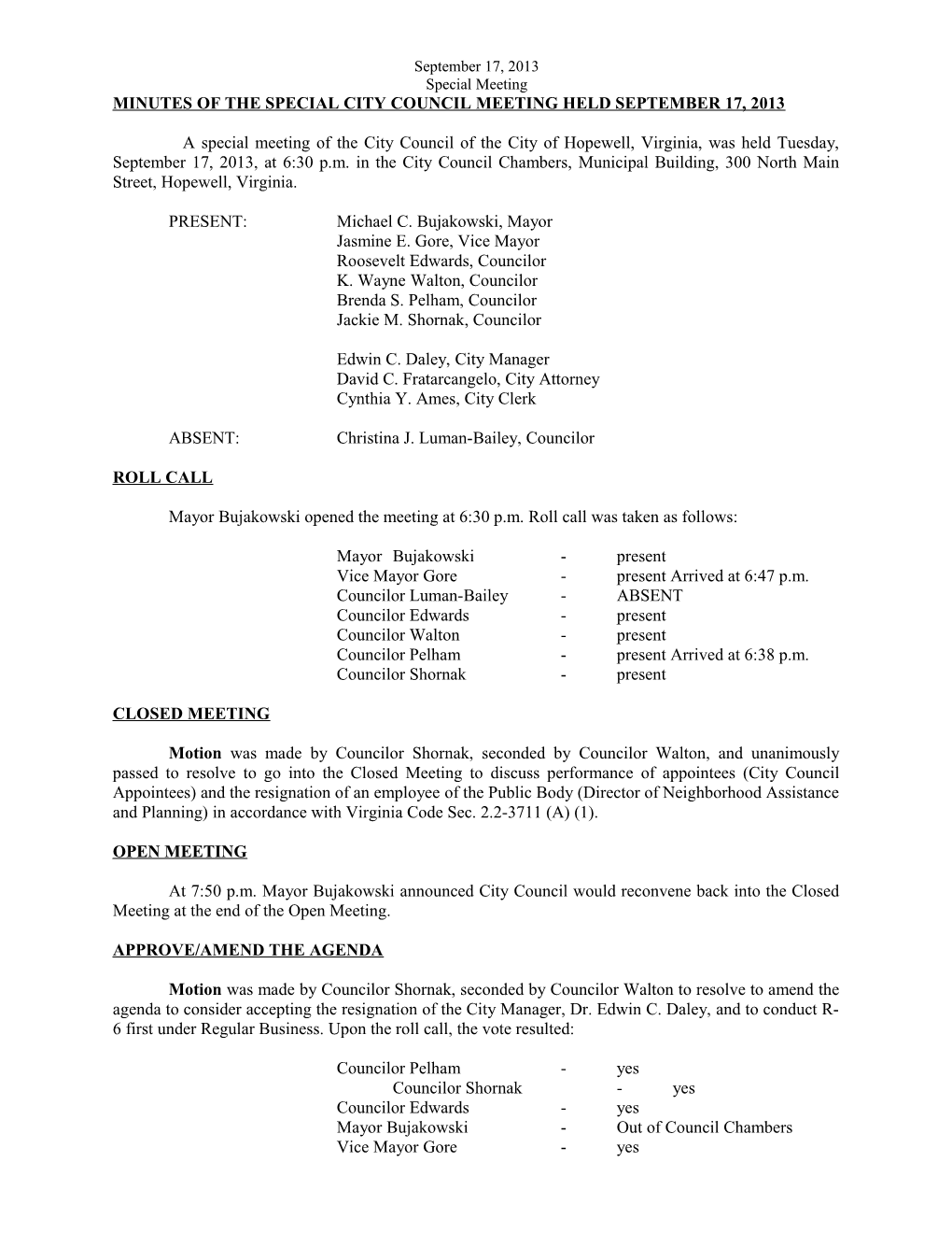 Minutes of the Special City Council Meeting Held September 17, 2013