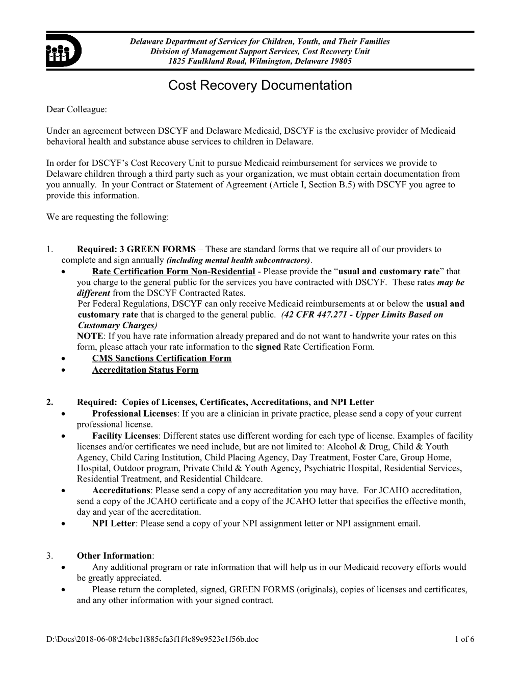 Cost Recovery Documentation