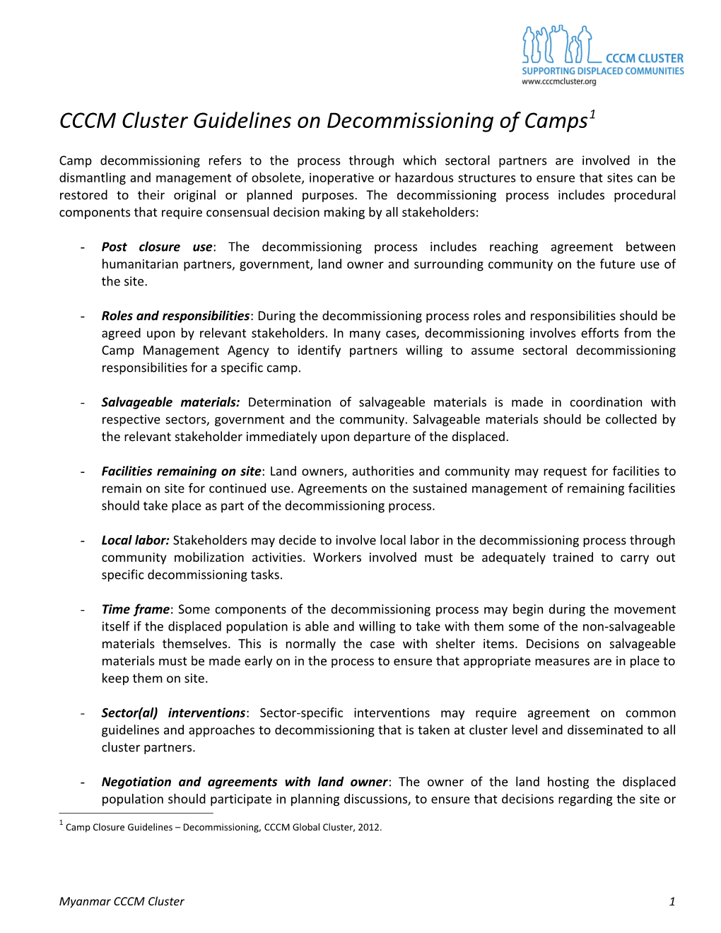 CCCM Cluster Guidelines on Decommissioning of Camps, 29Th July '13