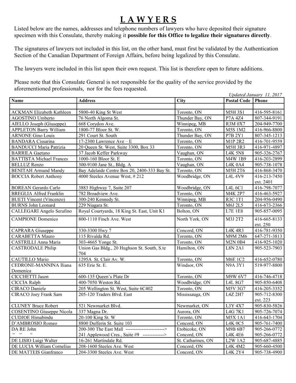 Listed Below Are the Names, Addresses and Telephone Numbers of Lawyers Who Have Deposited