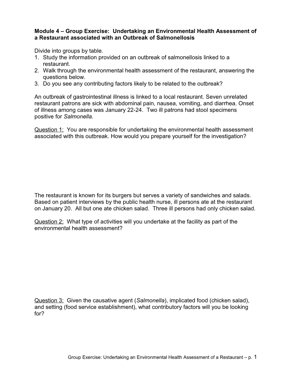 Module 4 Group Exercise: Undertaking an Environmental Health Assessment of a Restaurant