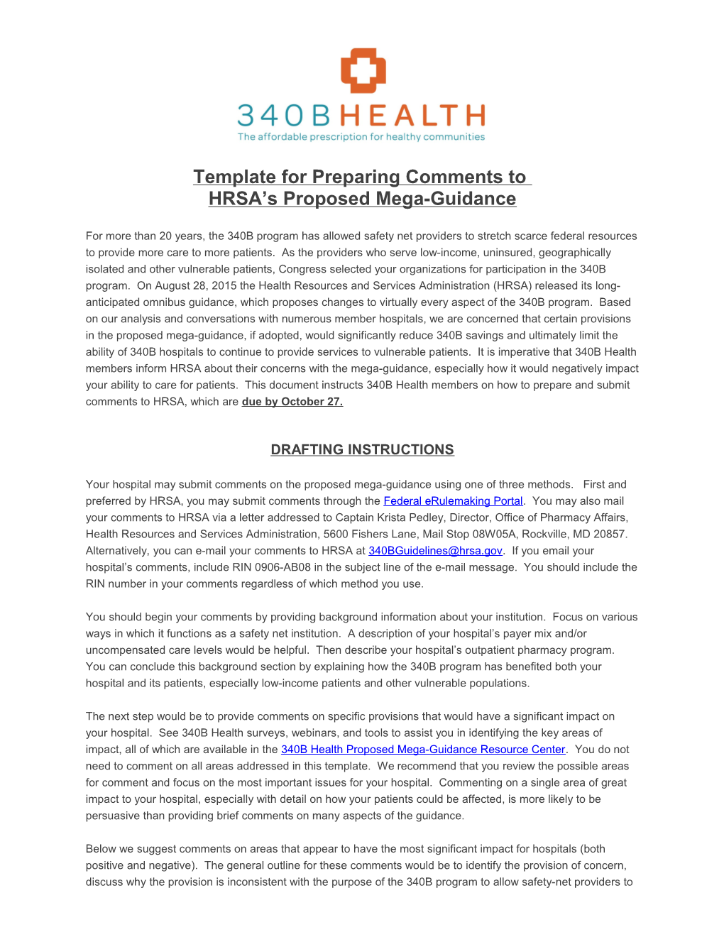 340B Health Comment Template for HRSA S Proposed Guidance