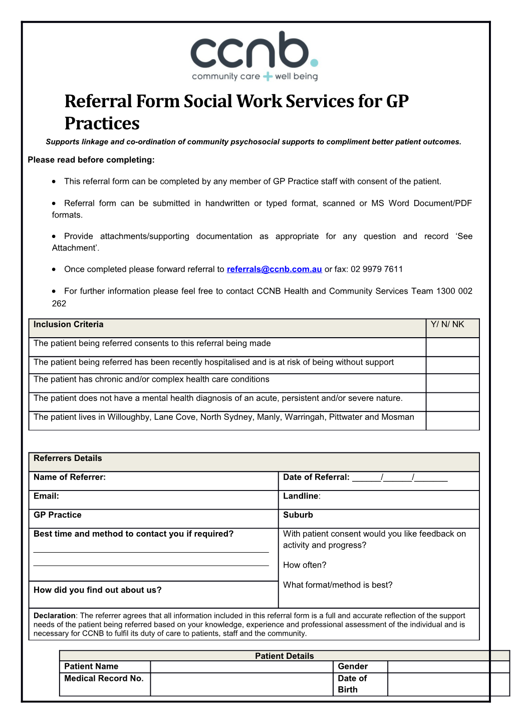 Referral Form Social Work Services for GP Practices