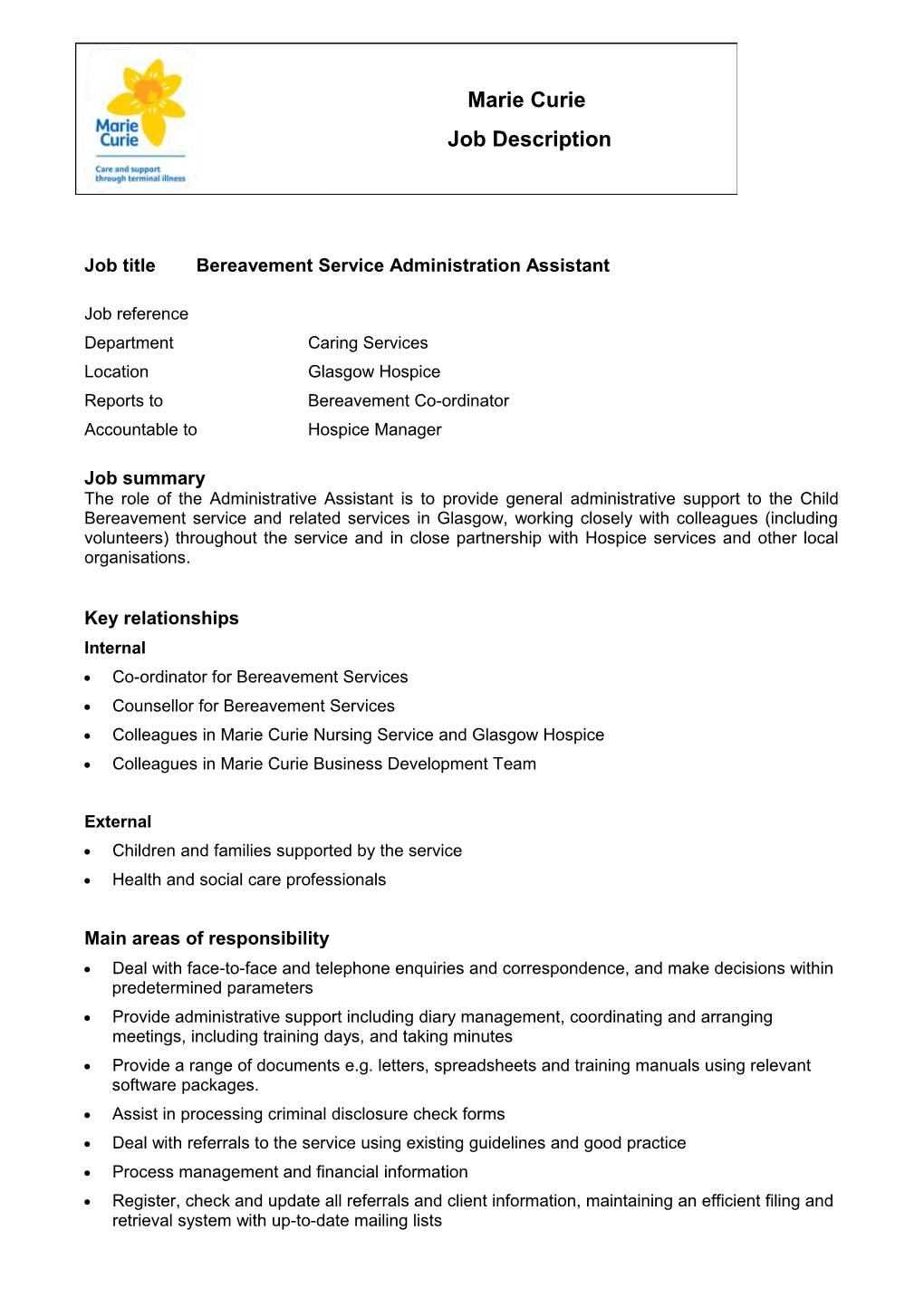 Job Titlebereavement Service Administration Assistant