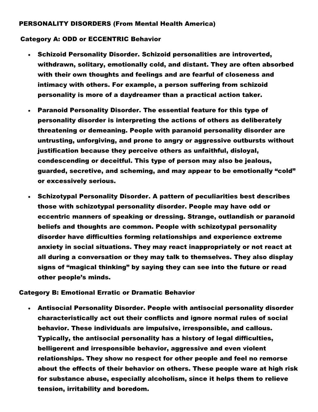 PERSONALITY DISORDERS (From Mental Health America)