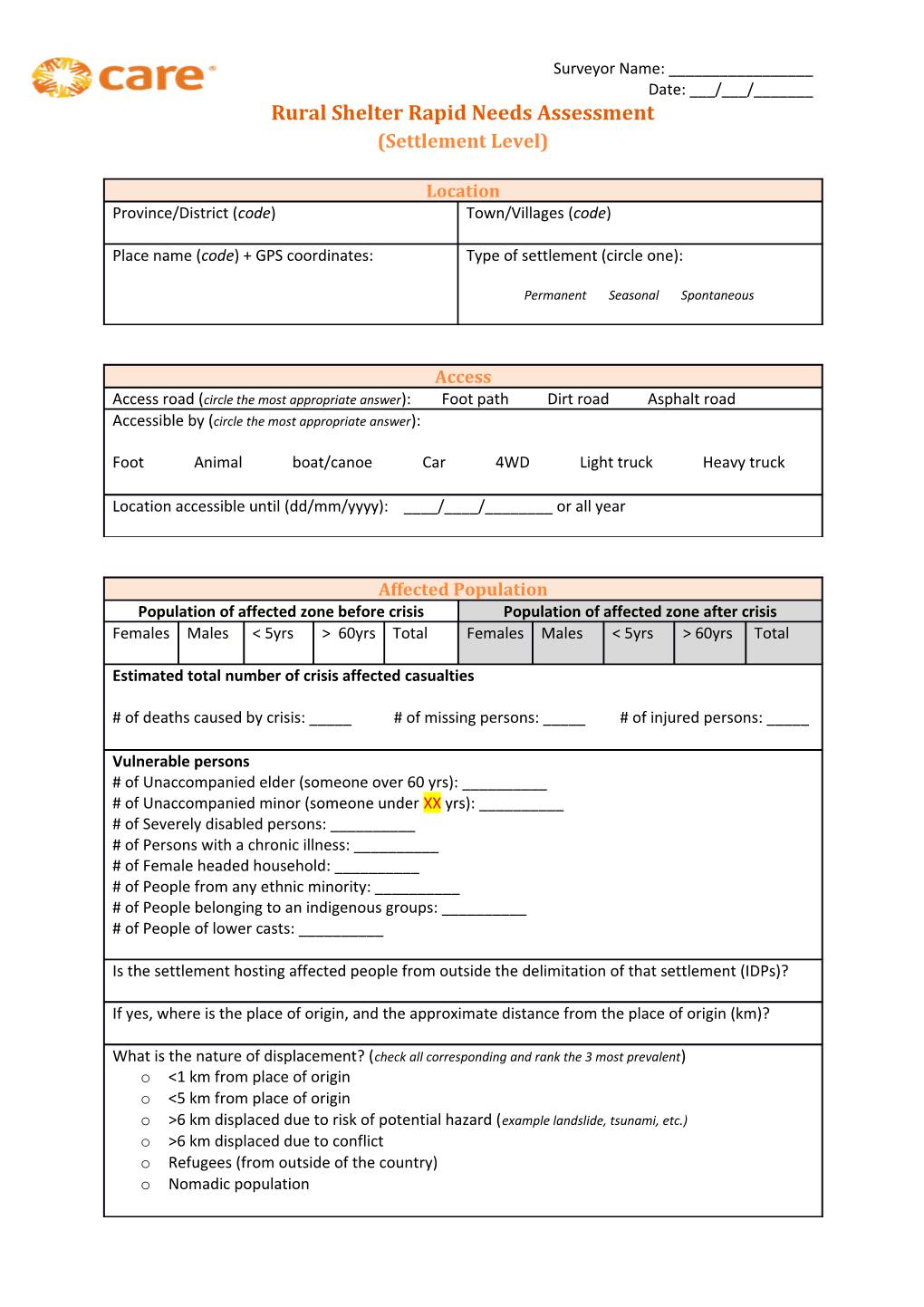 Rural Shelter Rapid Needs Assessment