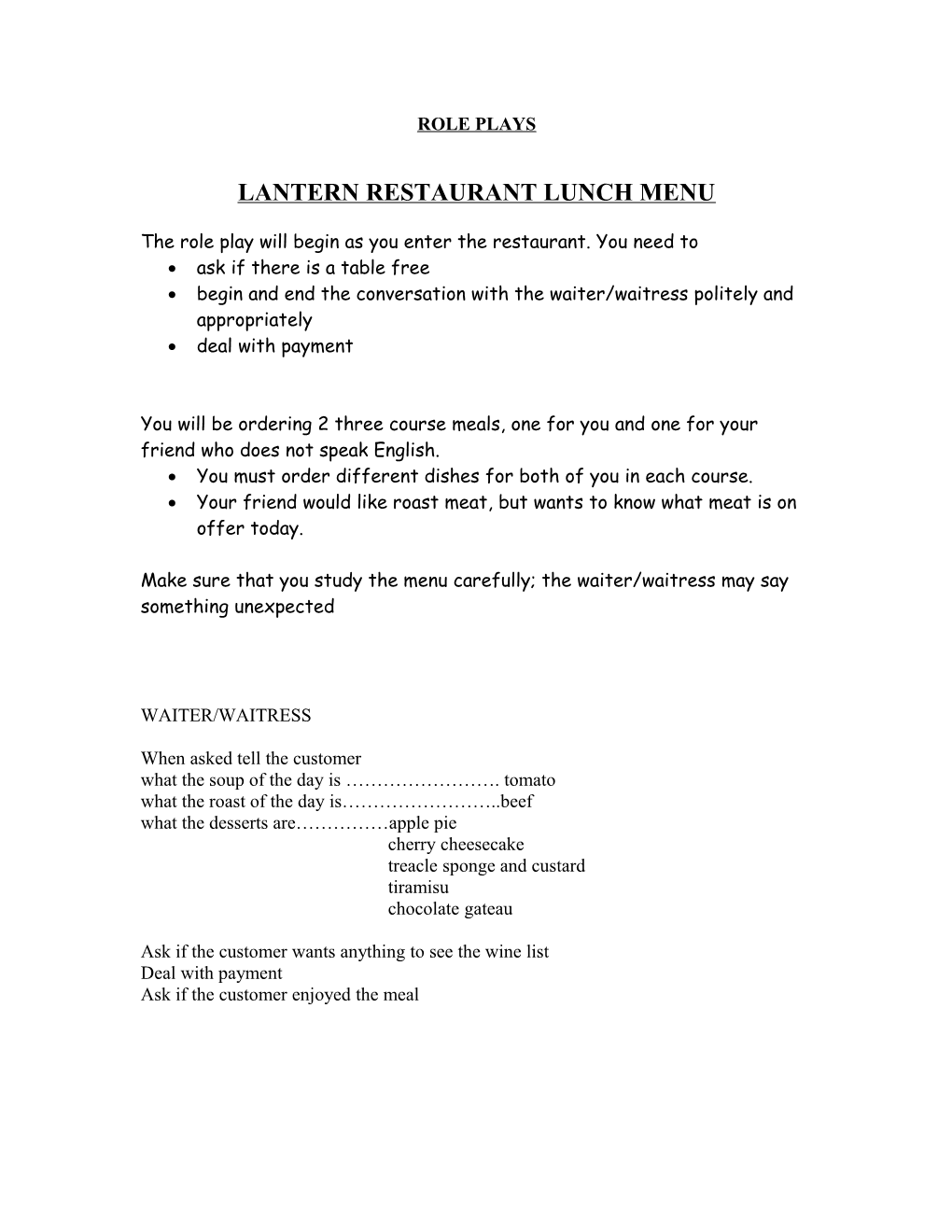 Lantern Restaurant Lunch Menu