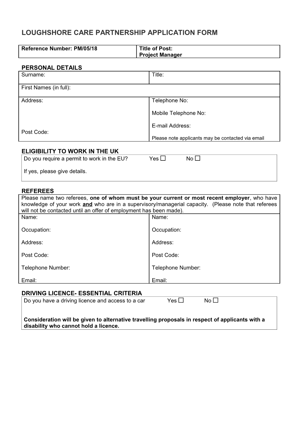 Loughshore Care Partnership Application Form