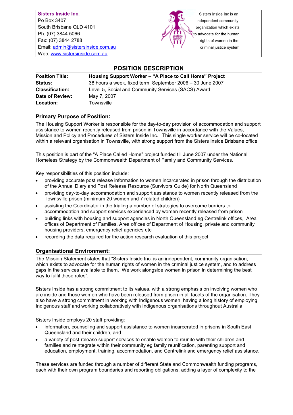 Position Description: Housing Support Worker - Townsville (Draft) 2