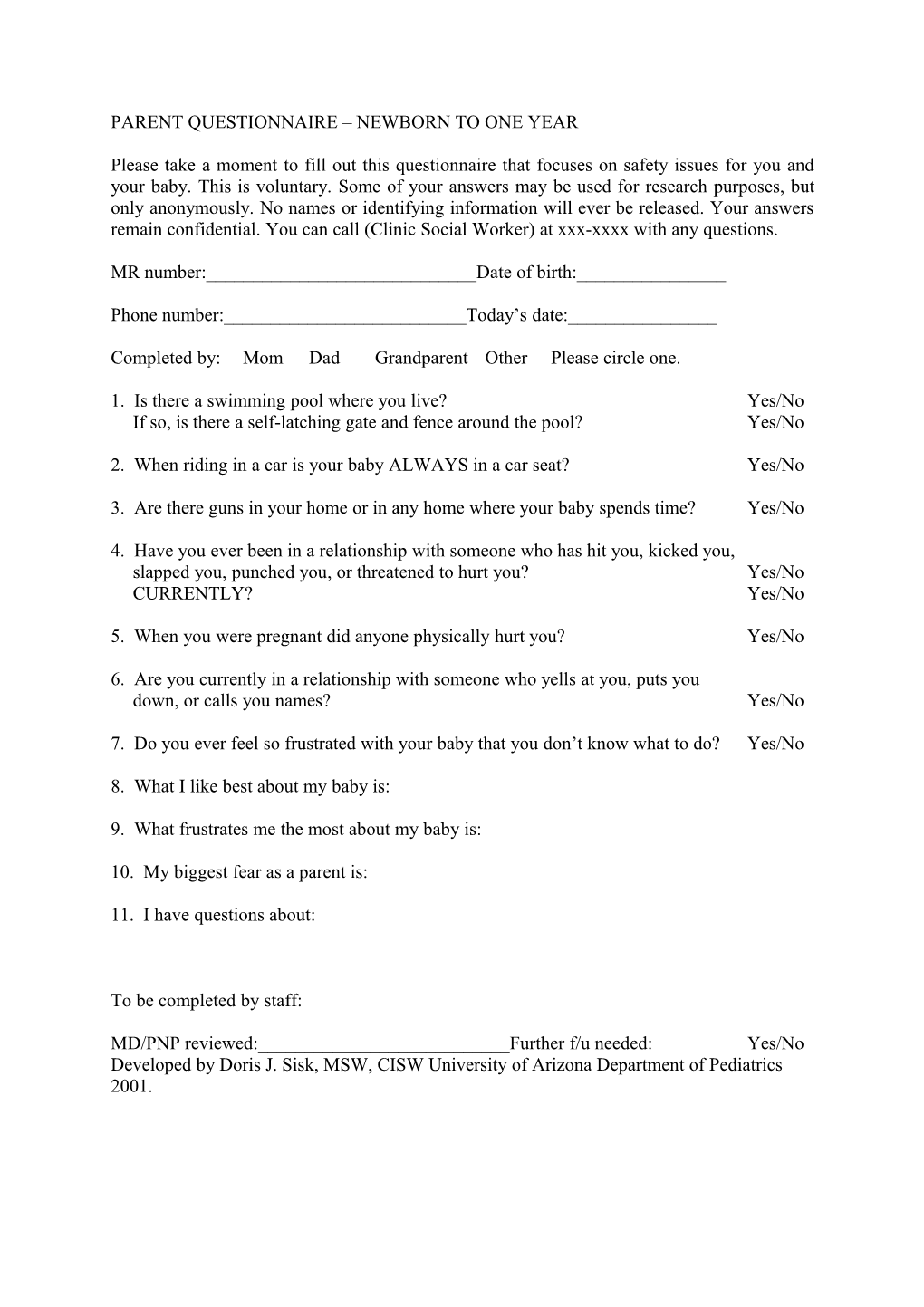 Parent Questionnaire Newborn to One Year