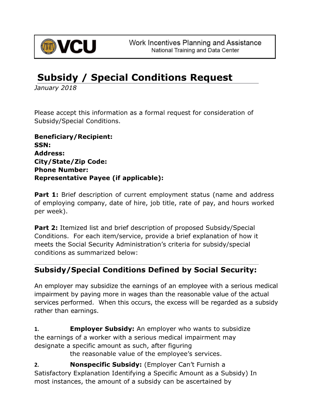 Subsidy Special Conditions Request