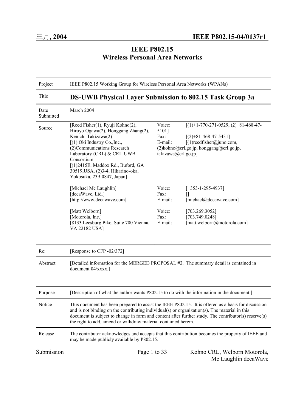 DS-UWB Physical Layer Submission to 802.15 Task Group 3A