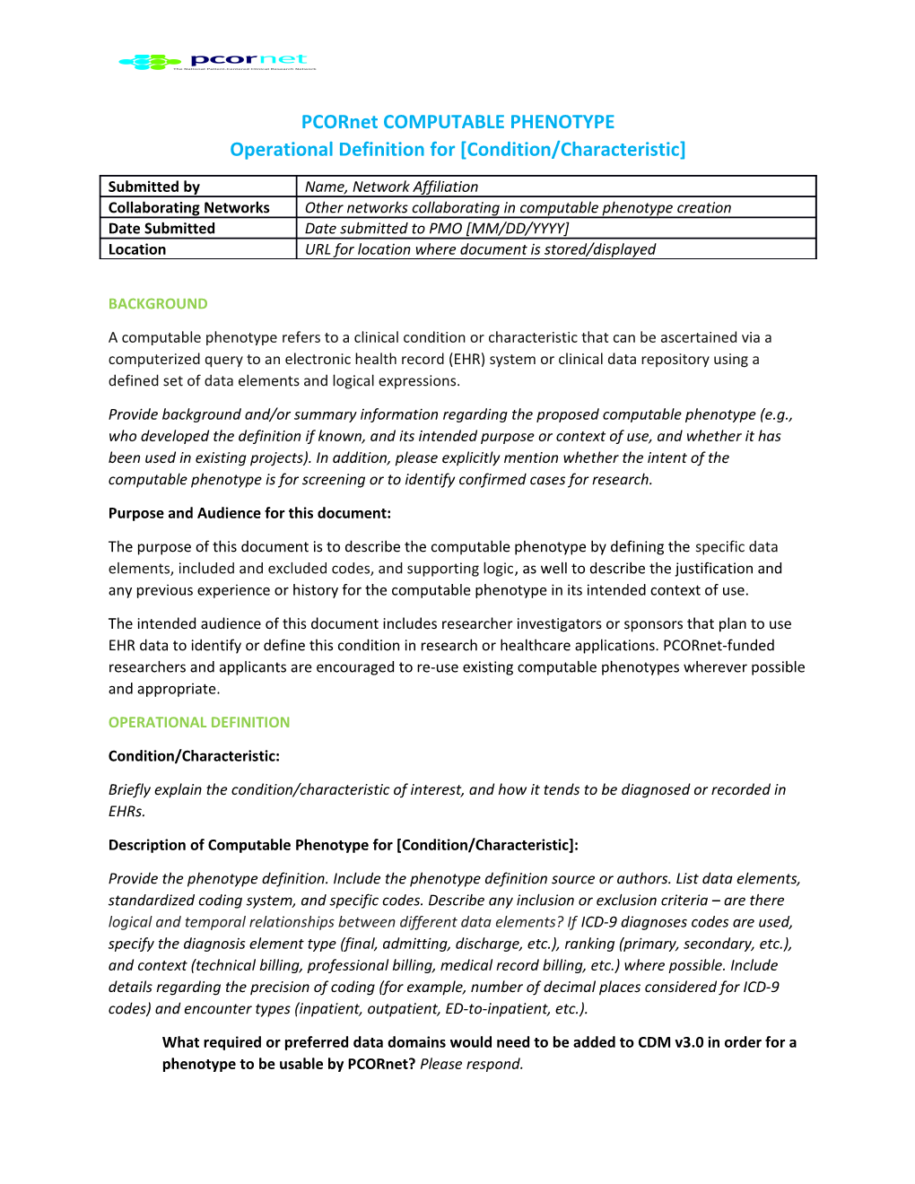 Operational Definition for Condition/Characteristic