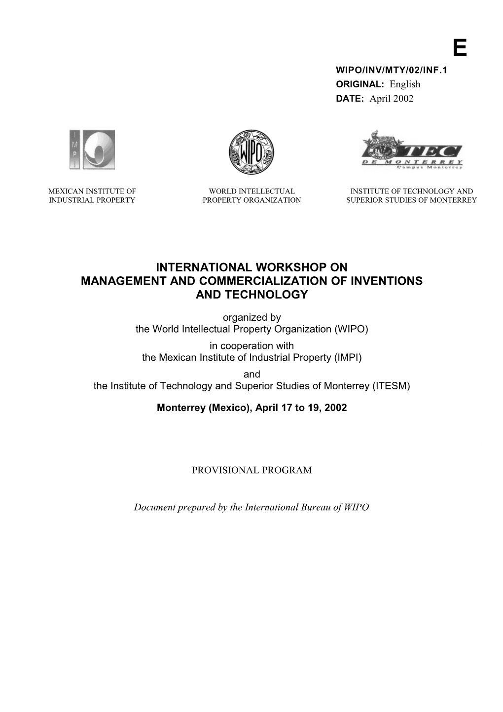 WIPO/INV/MTY/02/INF/1: Provisional Program