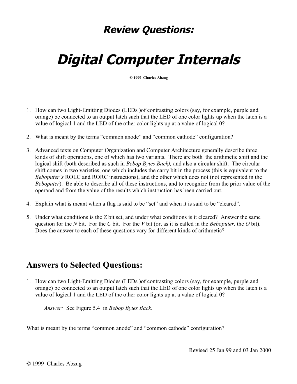 Review Questions: Digital Computer Internals