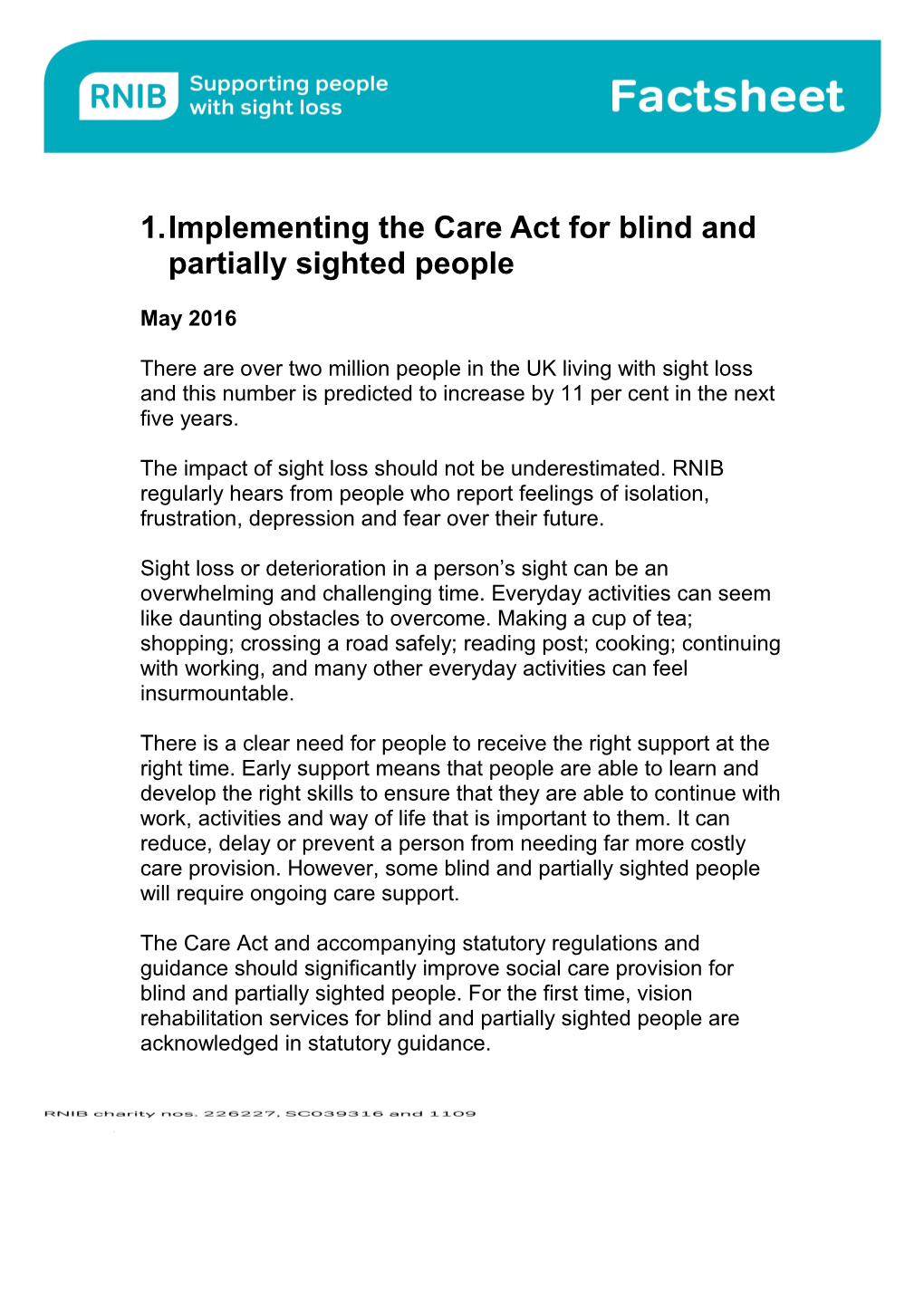 Implementing the Care Act for Blind and Partially Sighted People