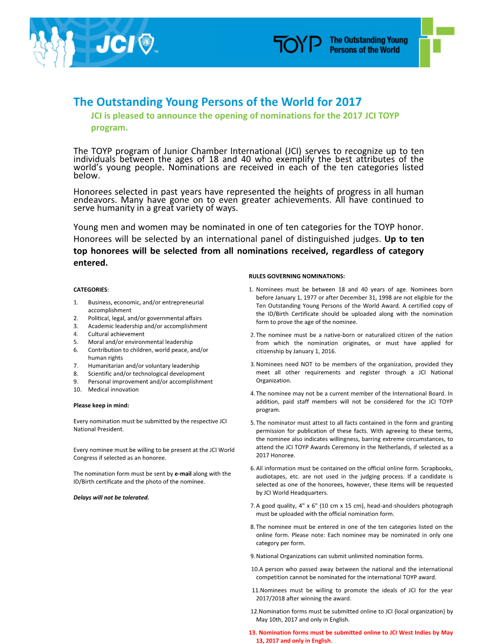 The Outstanding Young Persons of the World for 2017JCI Is Pleased to Announce the Opening