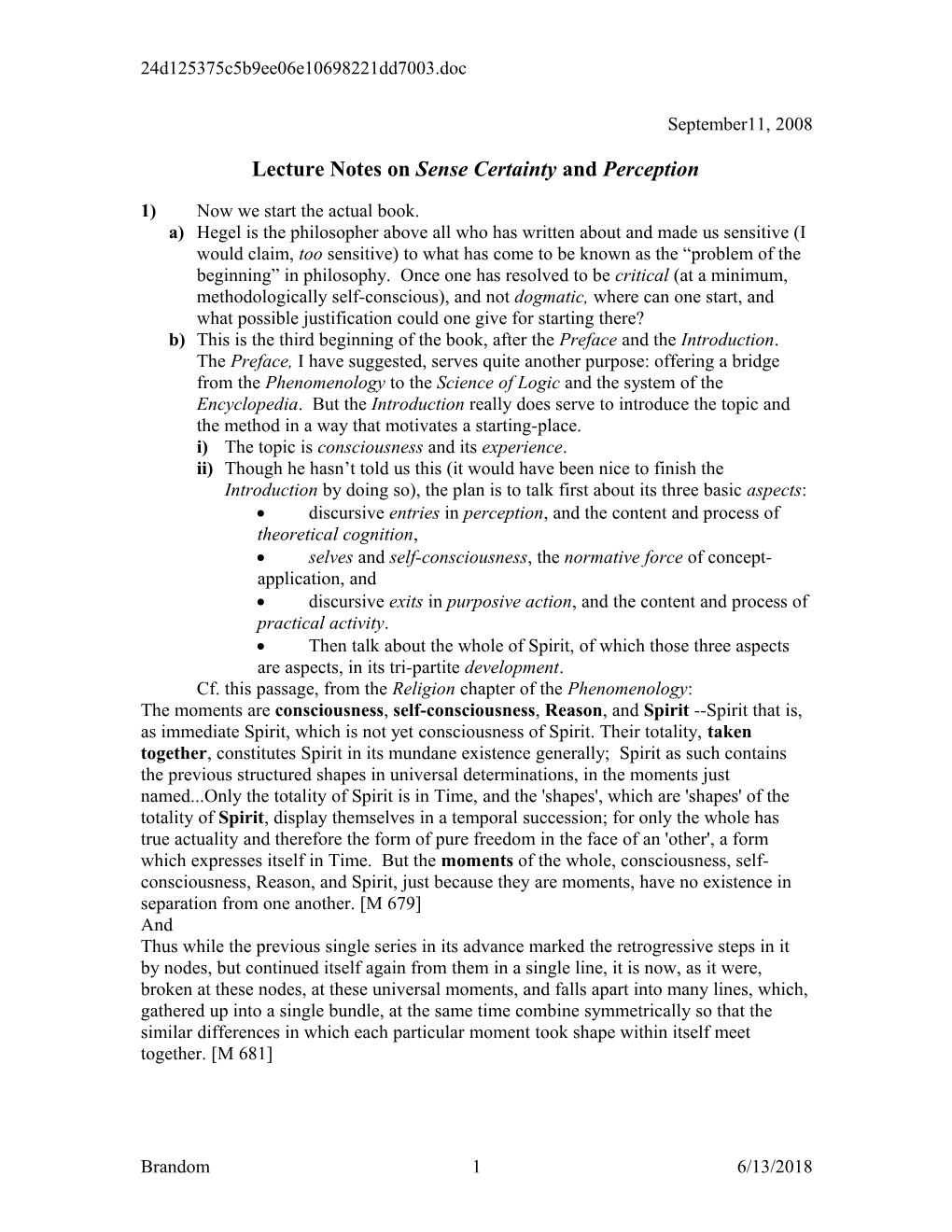 Lecture Notes on Sense Certainty and Perception