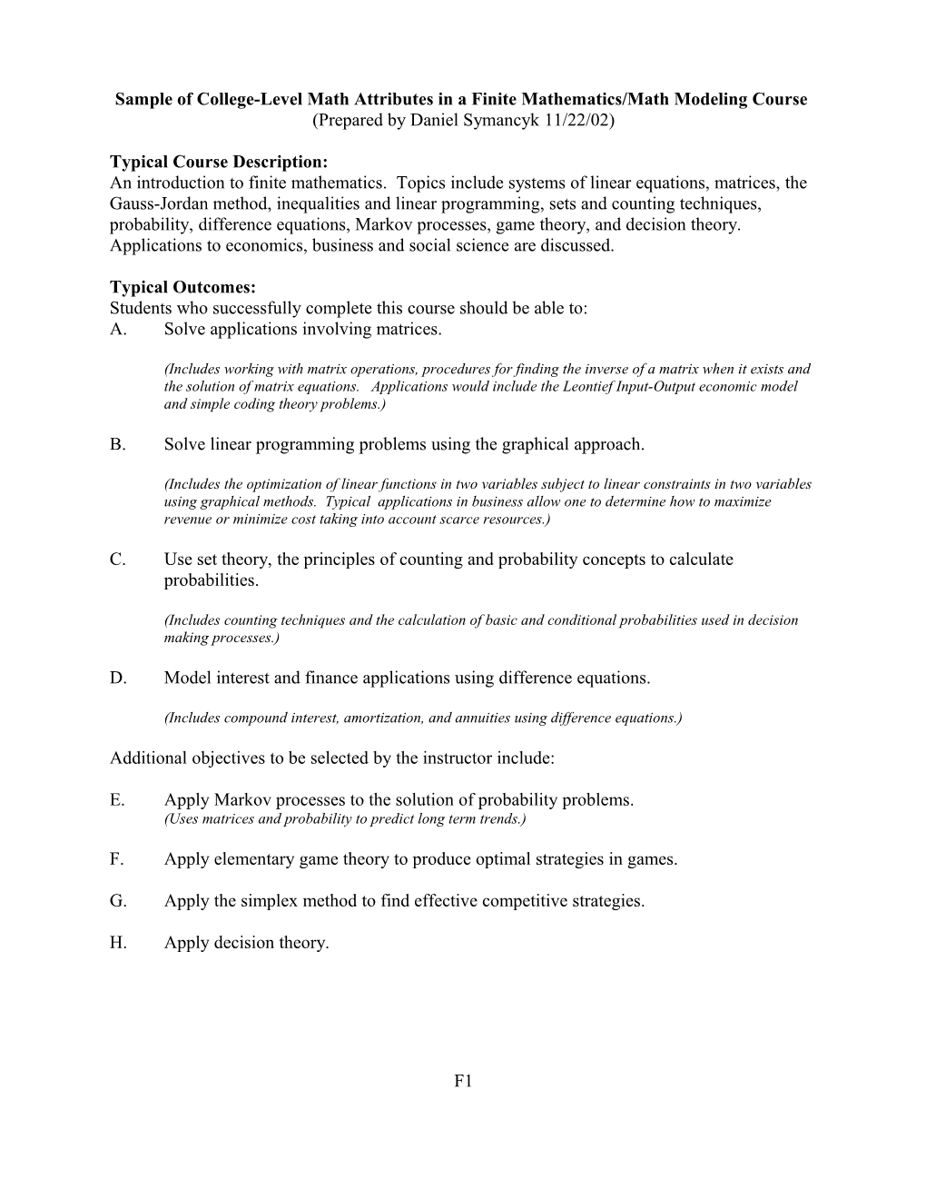 Sample of College-Level Math Attributes in Finite Mathematics/Math Modeling