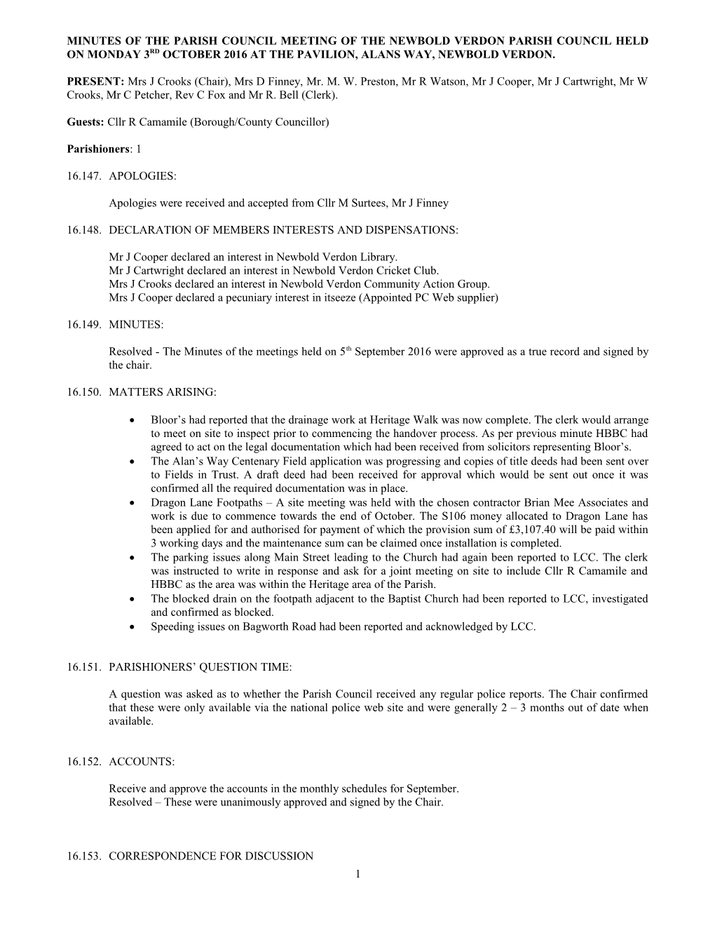 Minutes of the Meeting of the Newbold Verdon Parish Council Held on Monday 7 June 1999