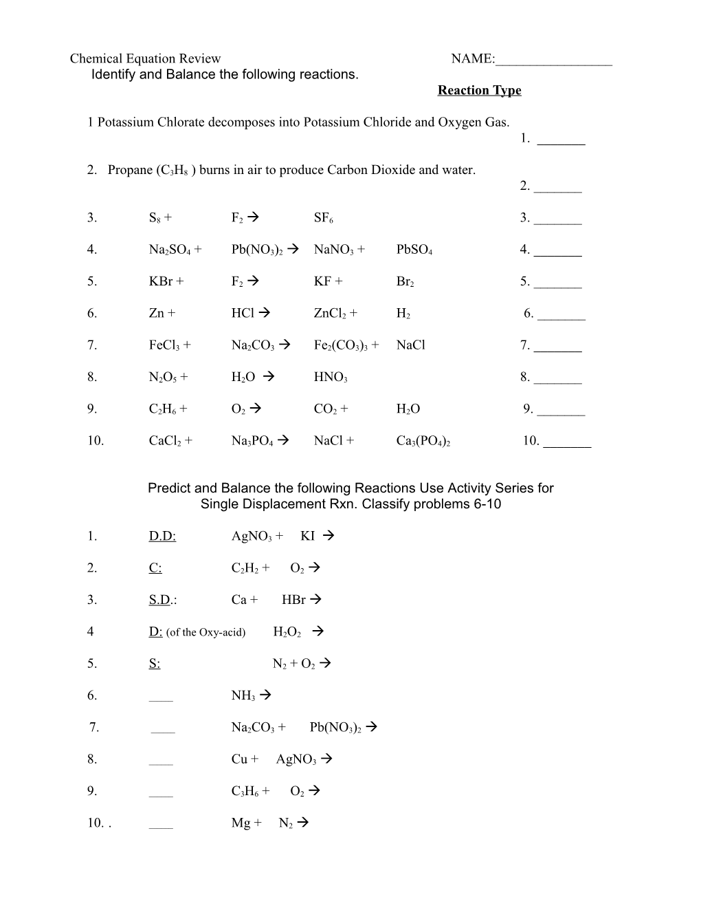 Chemical Equation Worksheet NAME:______ Identify