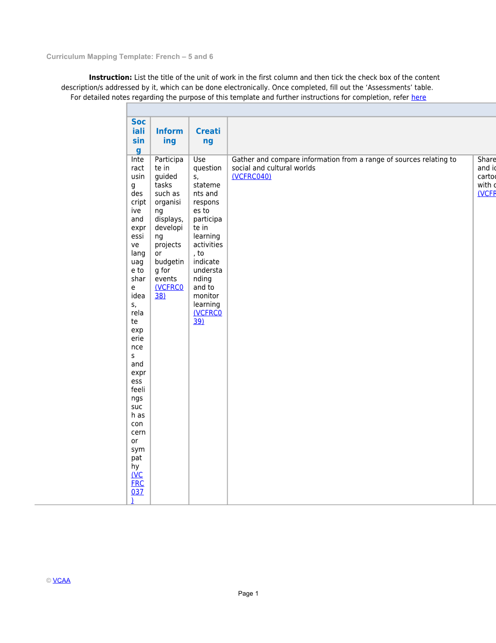 Curriculum Mapping Template: French 5 and 6