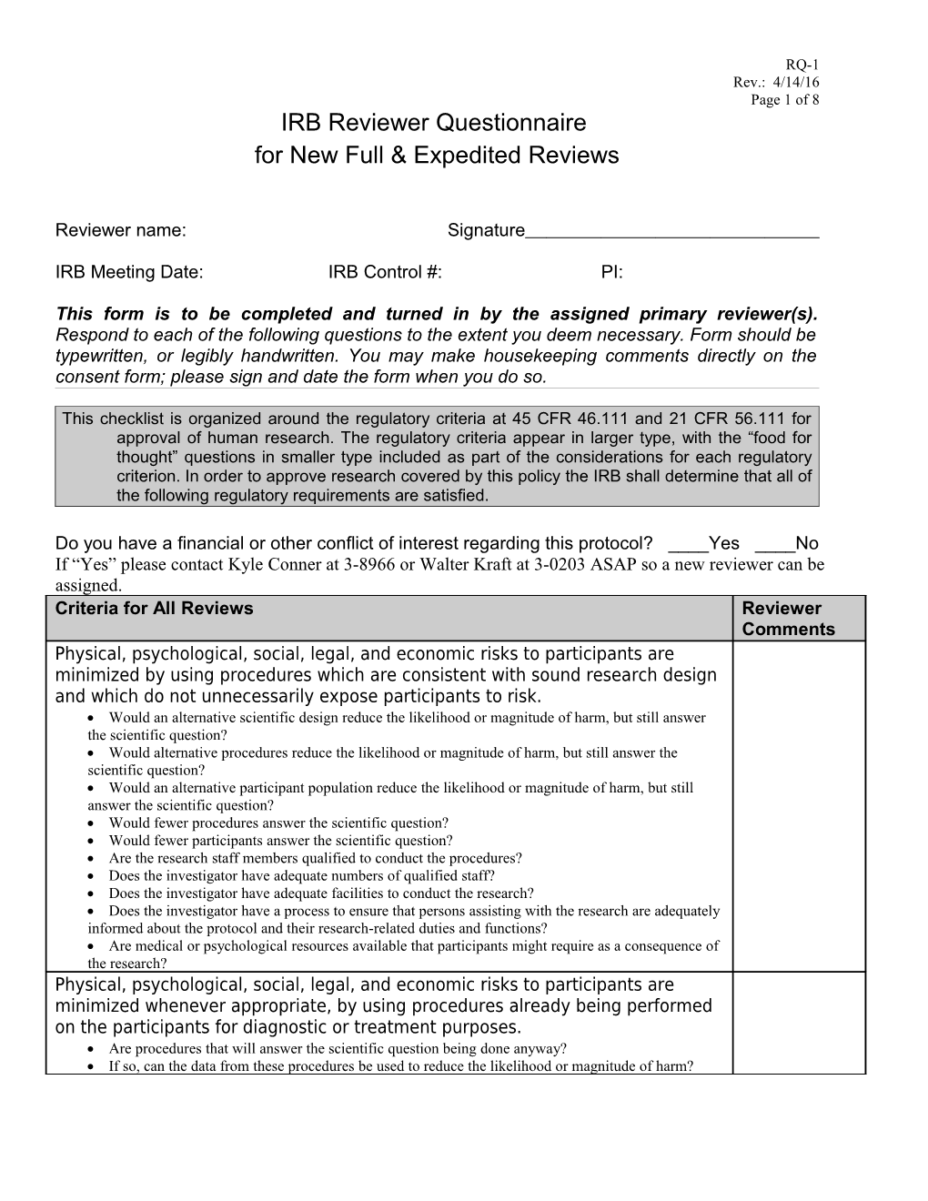 IRB Reviewer Questionnaire