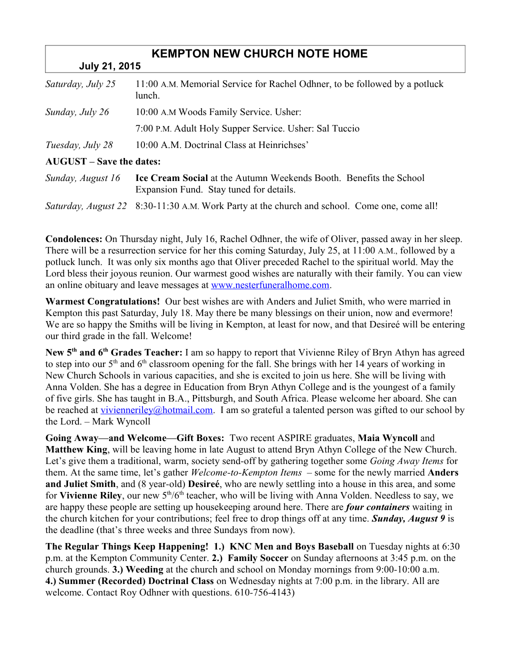 KEMPTON NEW CHURCH NOTE HOME July 21, 2015 Page 3