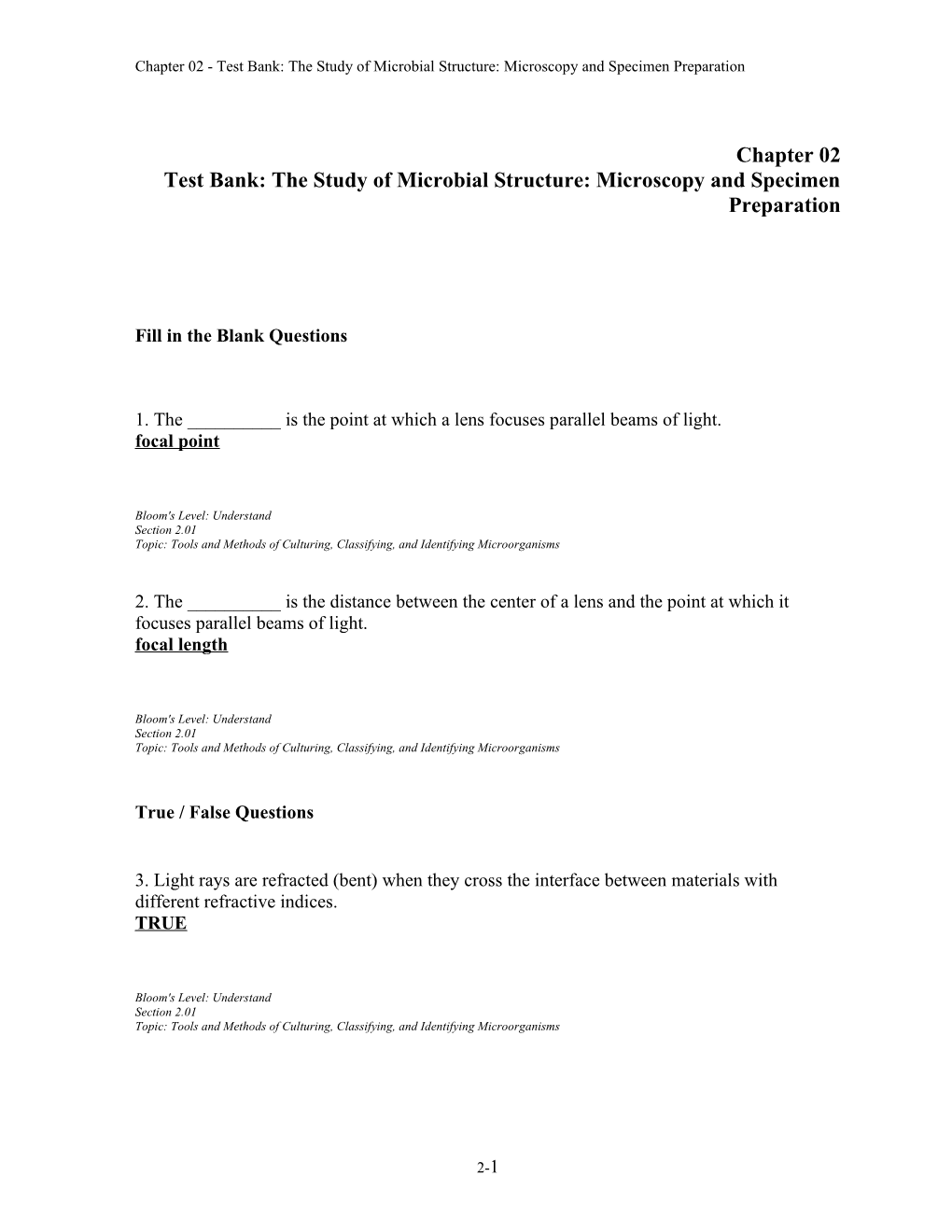 Chapter 02 Test Bank: the Study of Microbial Structure: Microscopy and Specimen Preparation