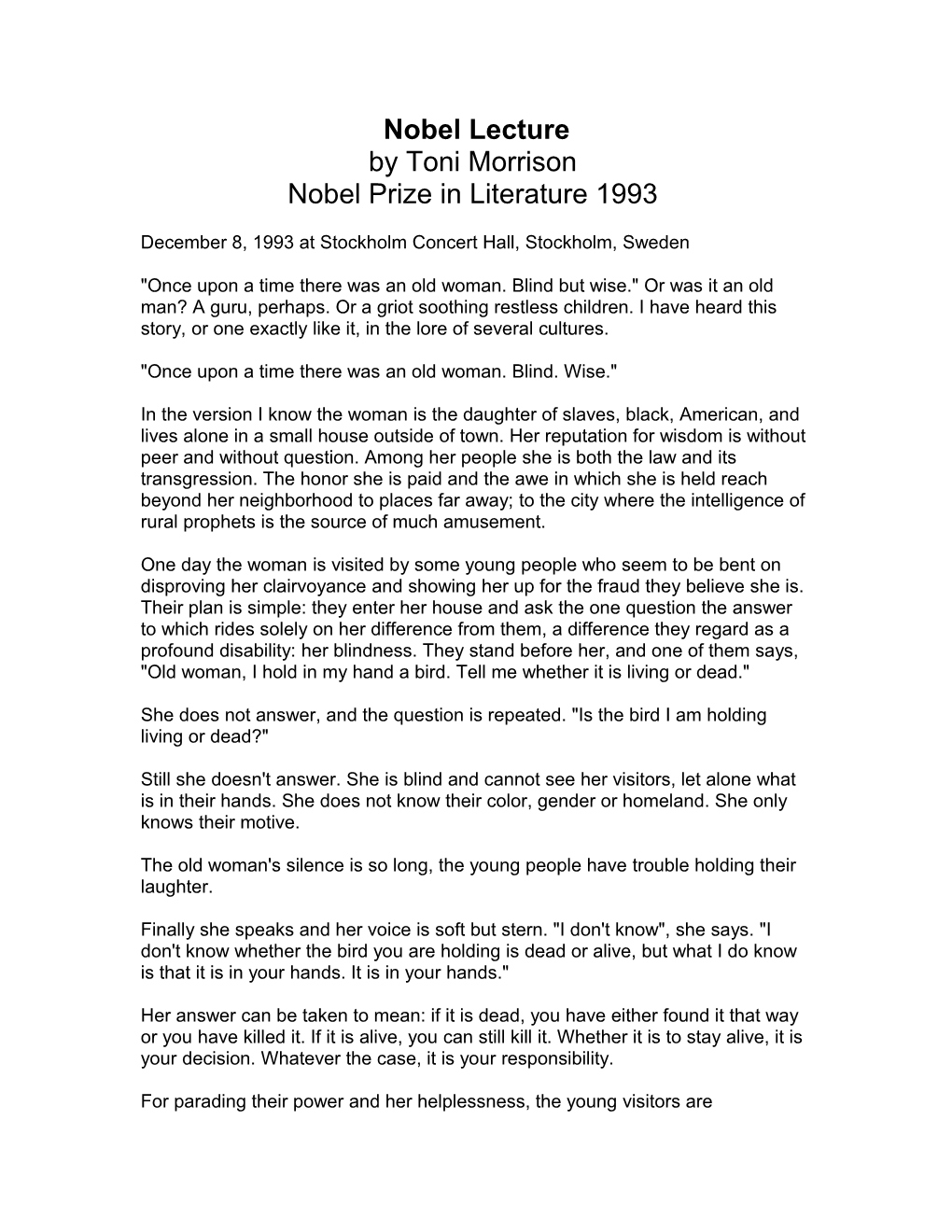 Nobel Lecture by Toni Morrison Nobel Prize in Literature 1993