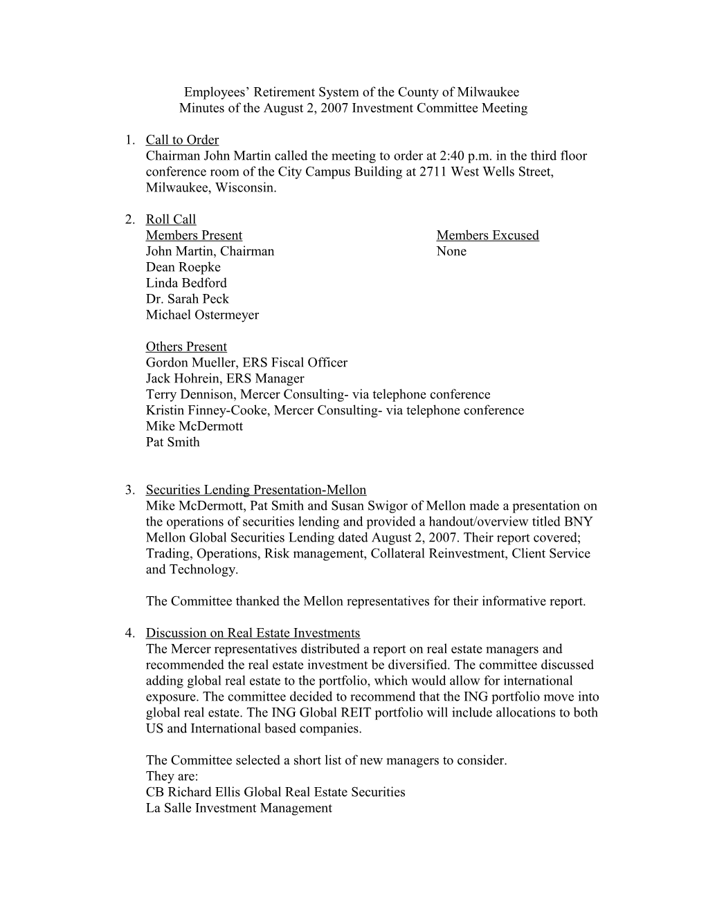 Employees Retirement System of the County of Milwaukee Minutes of the May 31, 2007 Investment