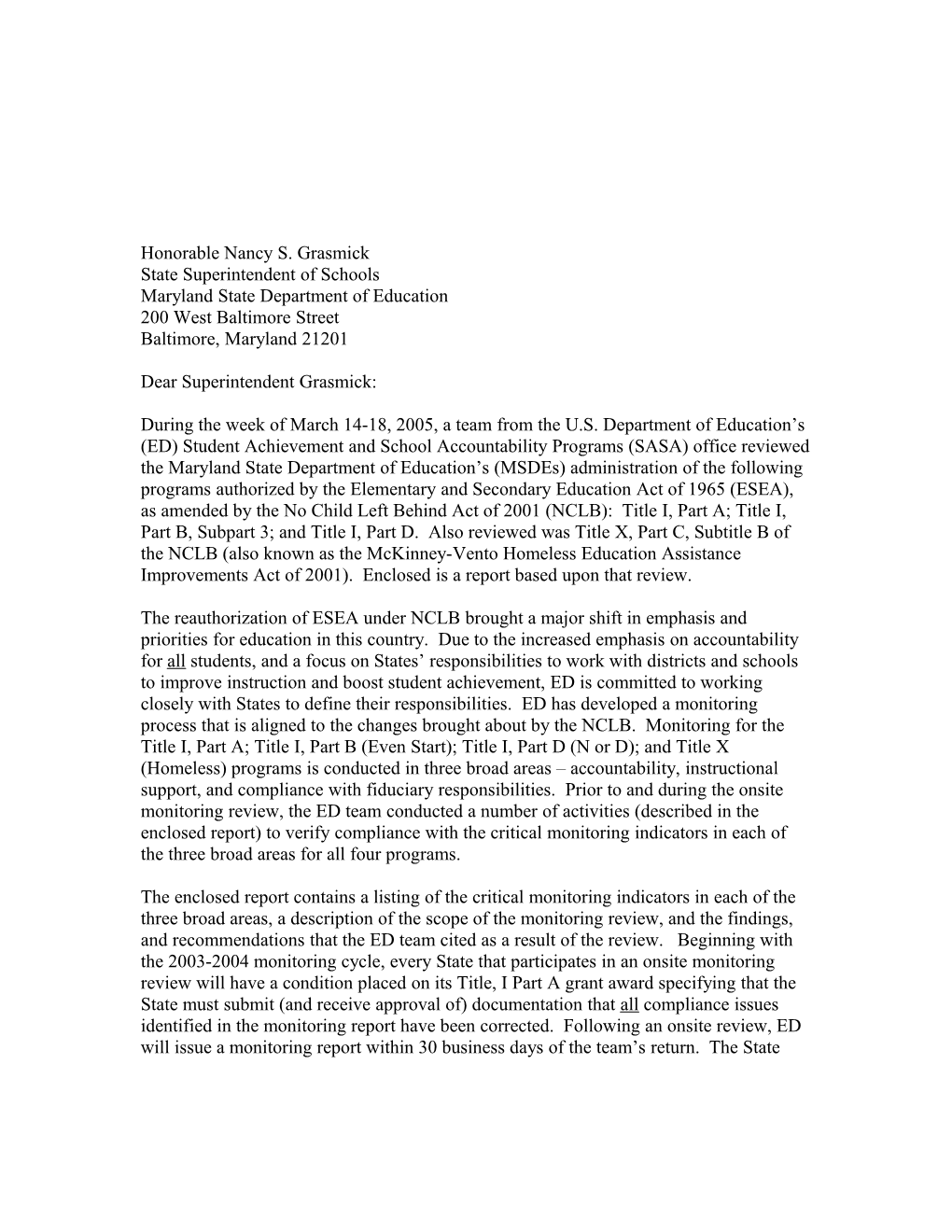 Maryland Letter and Monitoring Report, March 18, 2005 (MS Word)