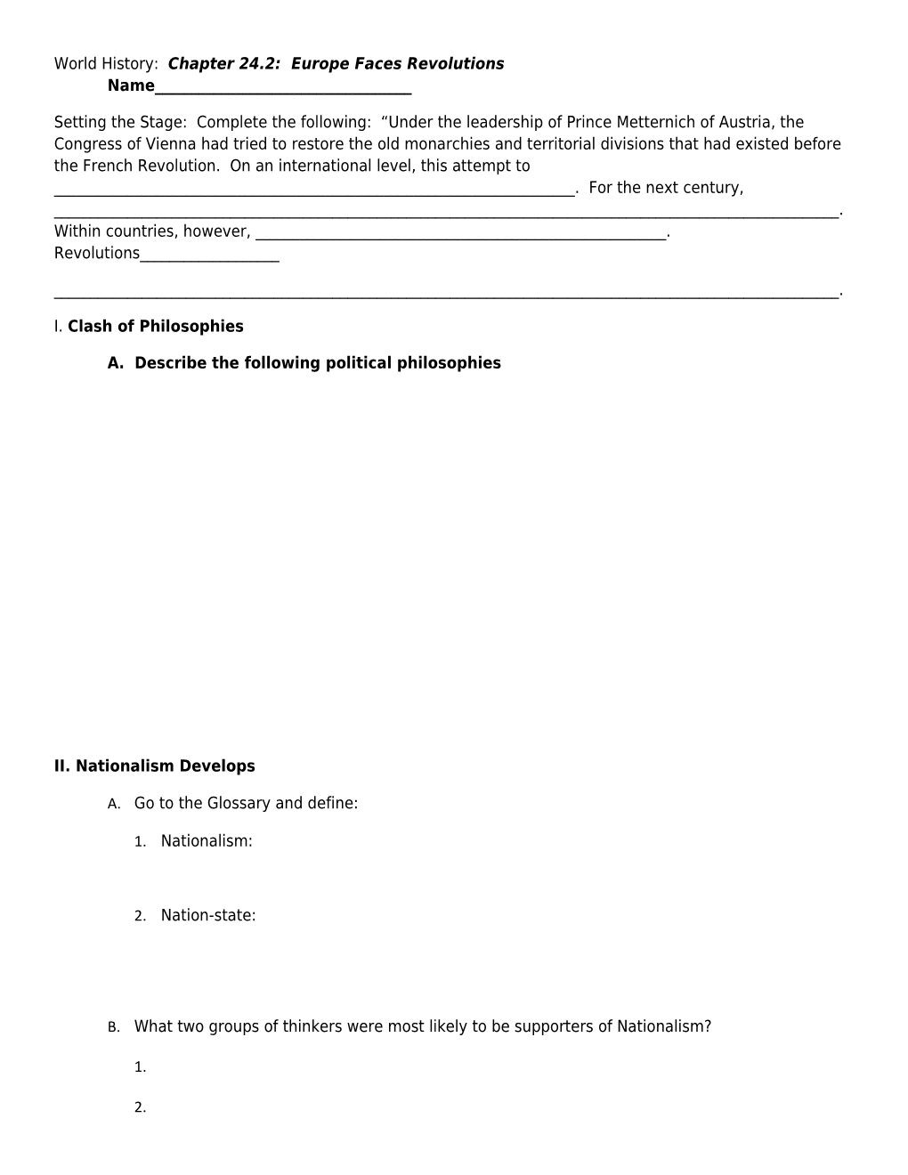 World History: Chapter 24.2: Europe Faces Revolutions Name______