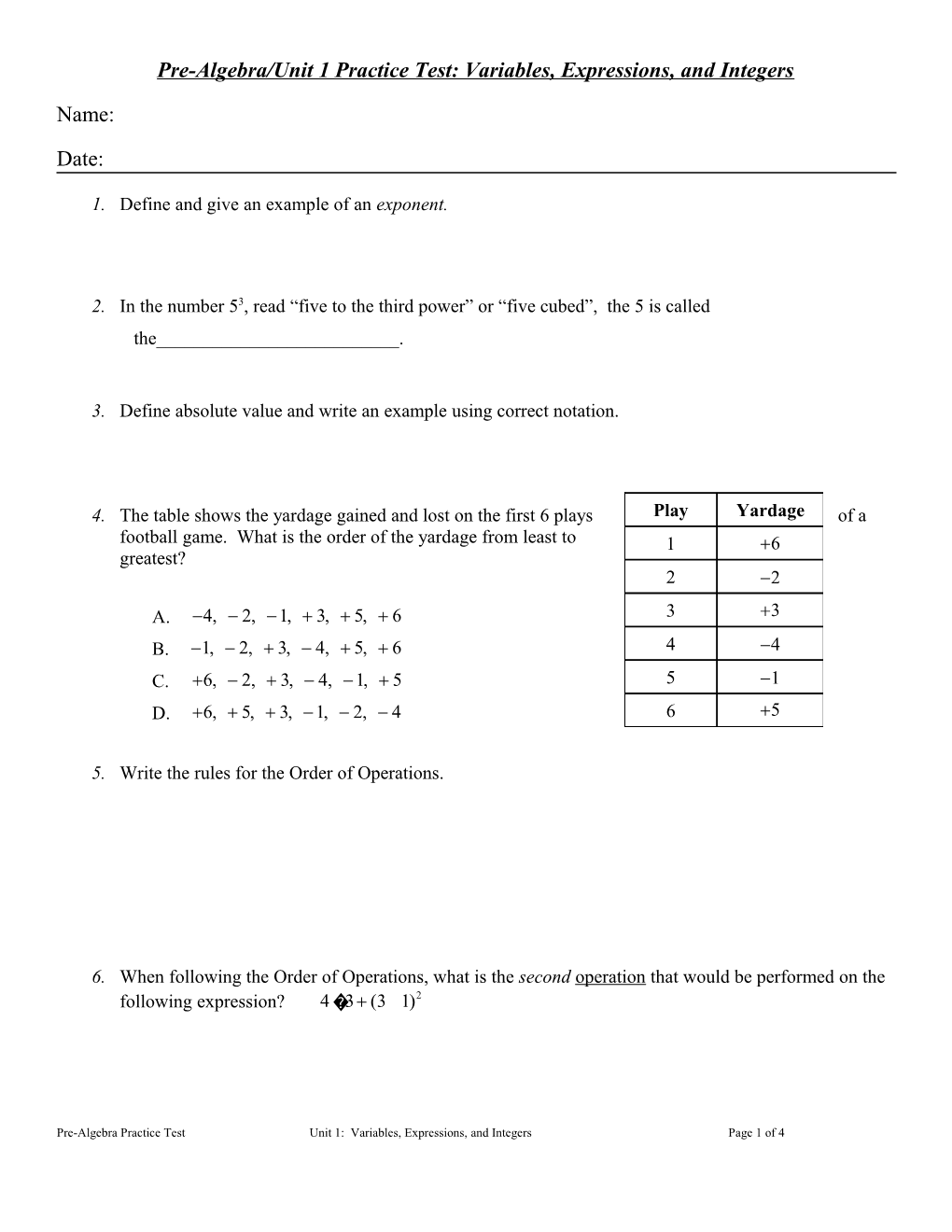 Pre-Algebra/Unit 1 Practice Test: Variables, Expressions, and Integers