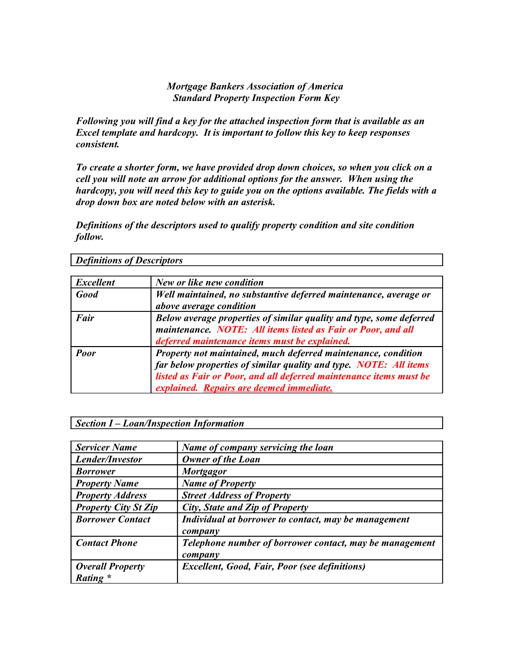 MBA Standard Property Inspection Form Key