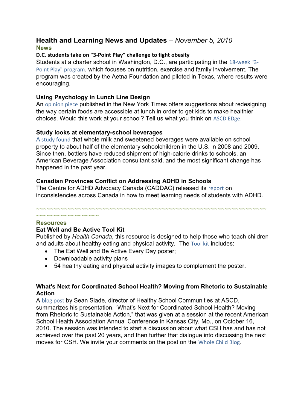 Health and Learning News and Updates November 5, 2010