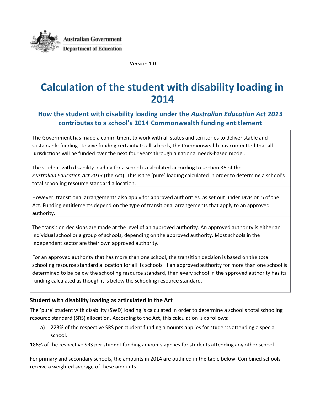 Calculation of the Student with Disability Loadingin 2014
