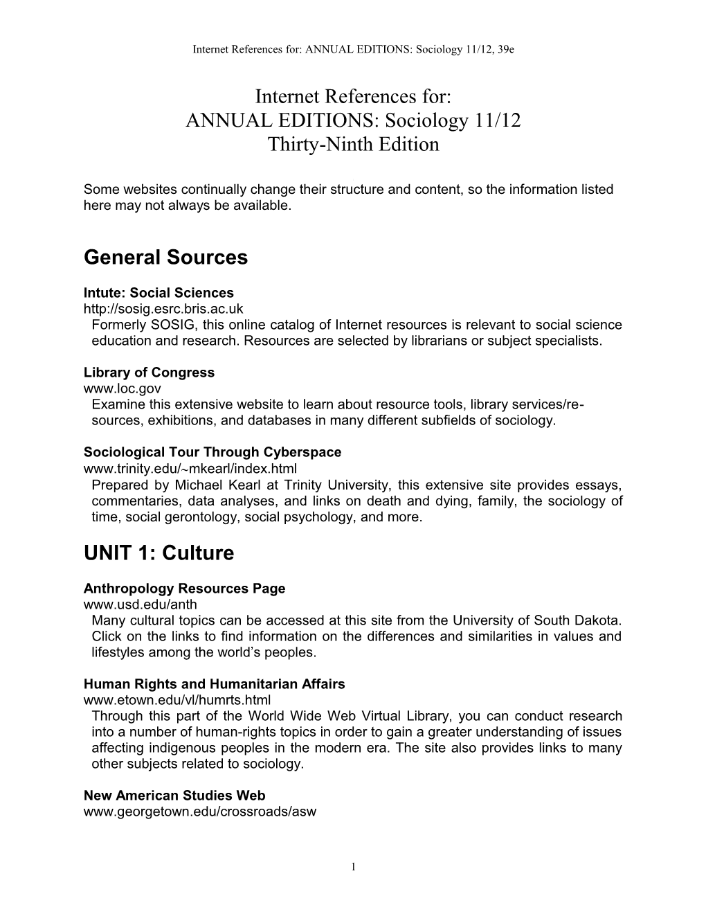 Internet References For: ANNUAL EDITIONS: Sociology 11/12, 39E