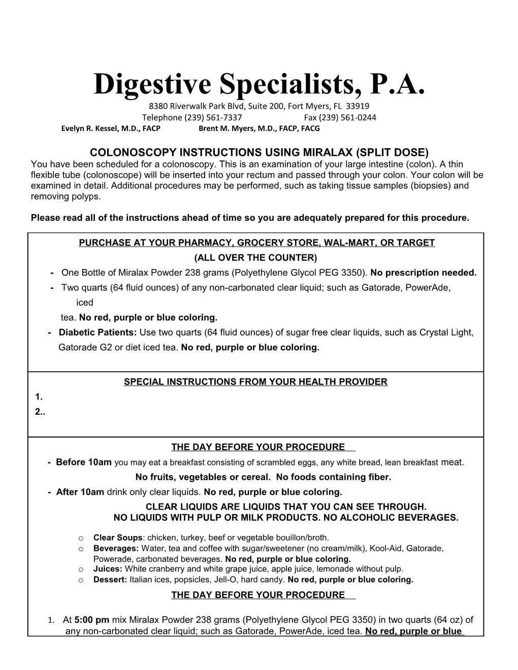 Colonoscopy Instructions Using Miralax (Split Dose)