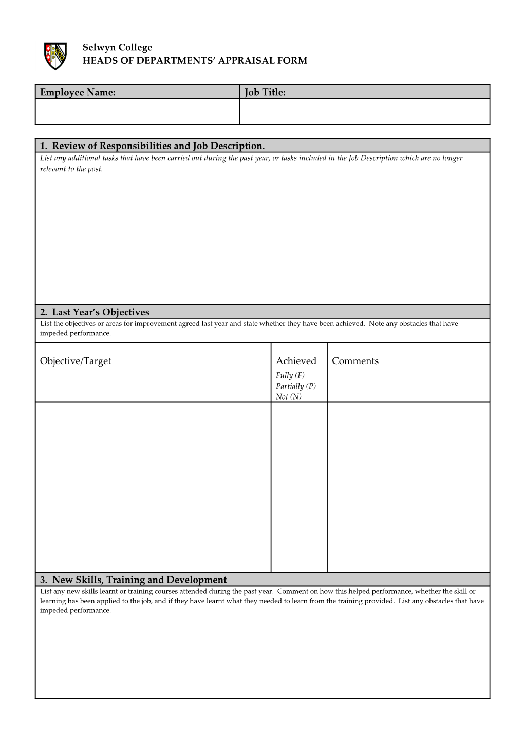 Technical, Clerical and General Support Staff Appraisal Form