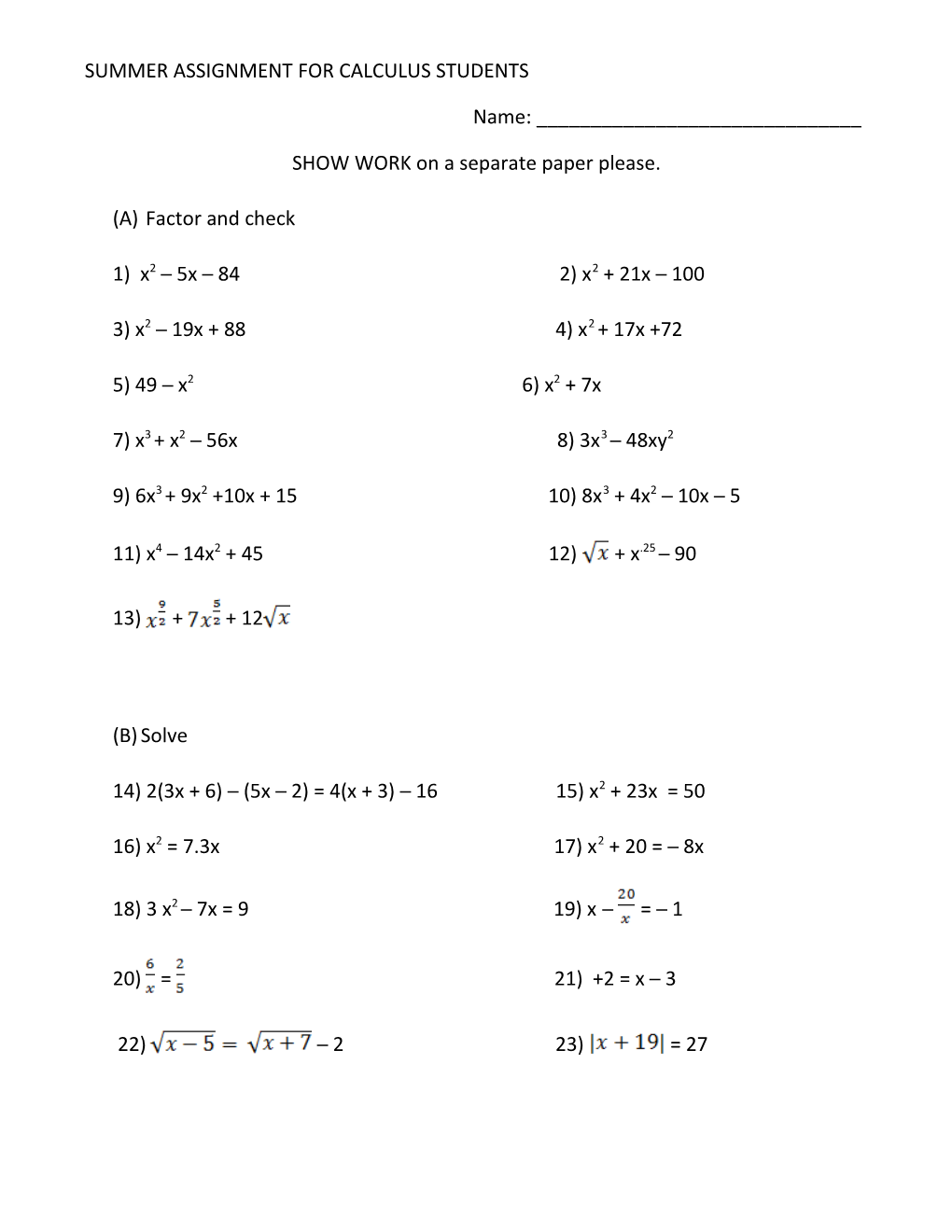 Summer Assignment for Calculus Students