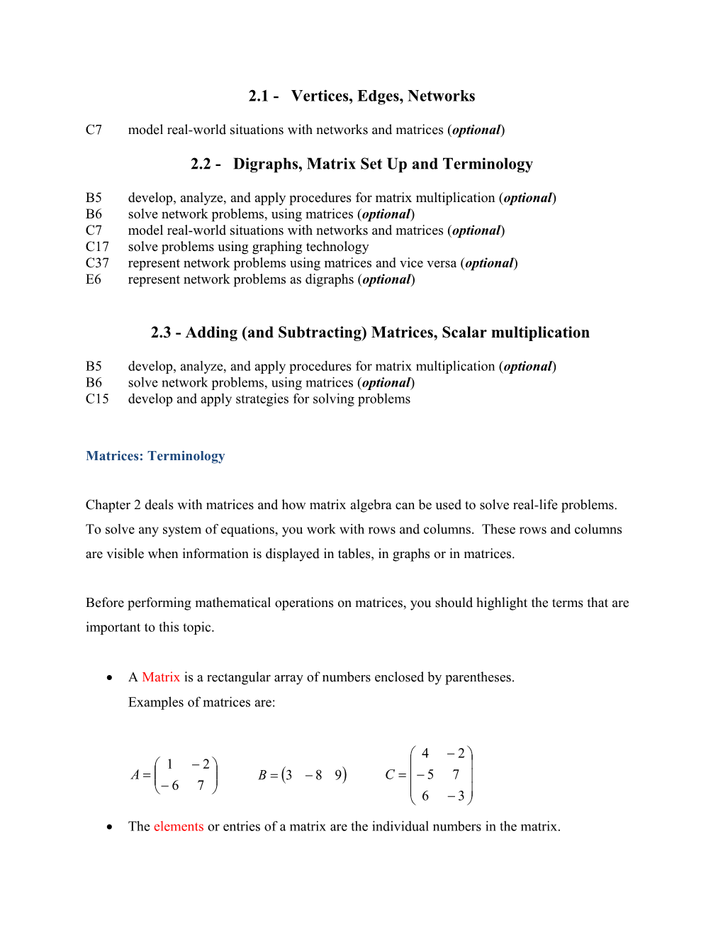 2.2 - Digraphs, Matrix Set up and Terminology