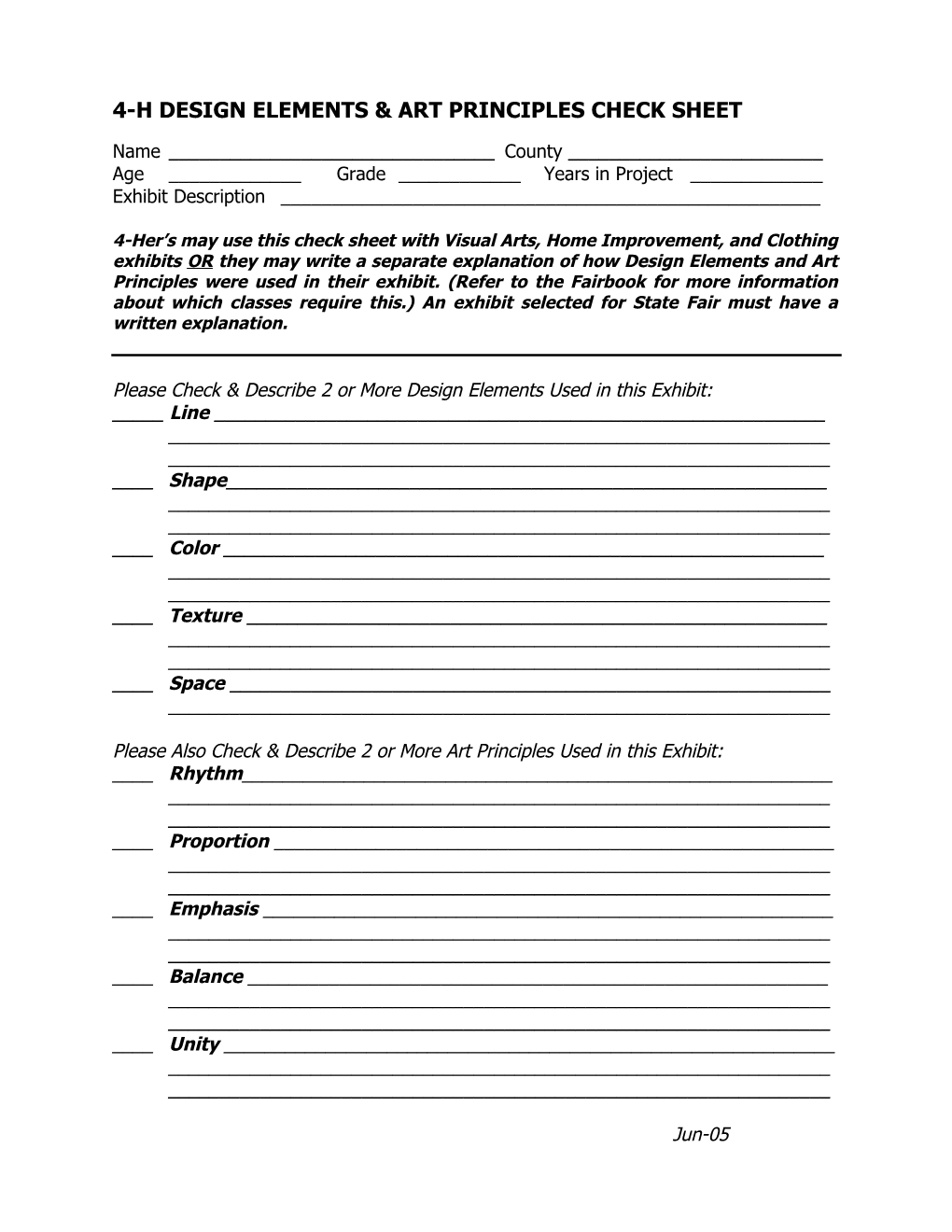 4-H Design Elements & Art Principles Check Sheet