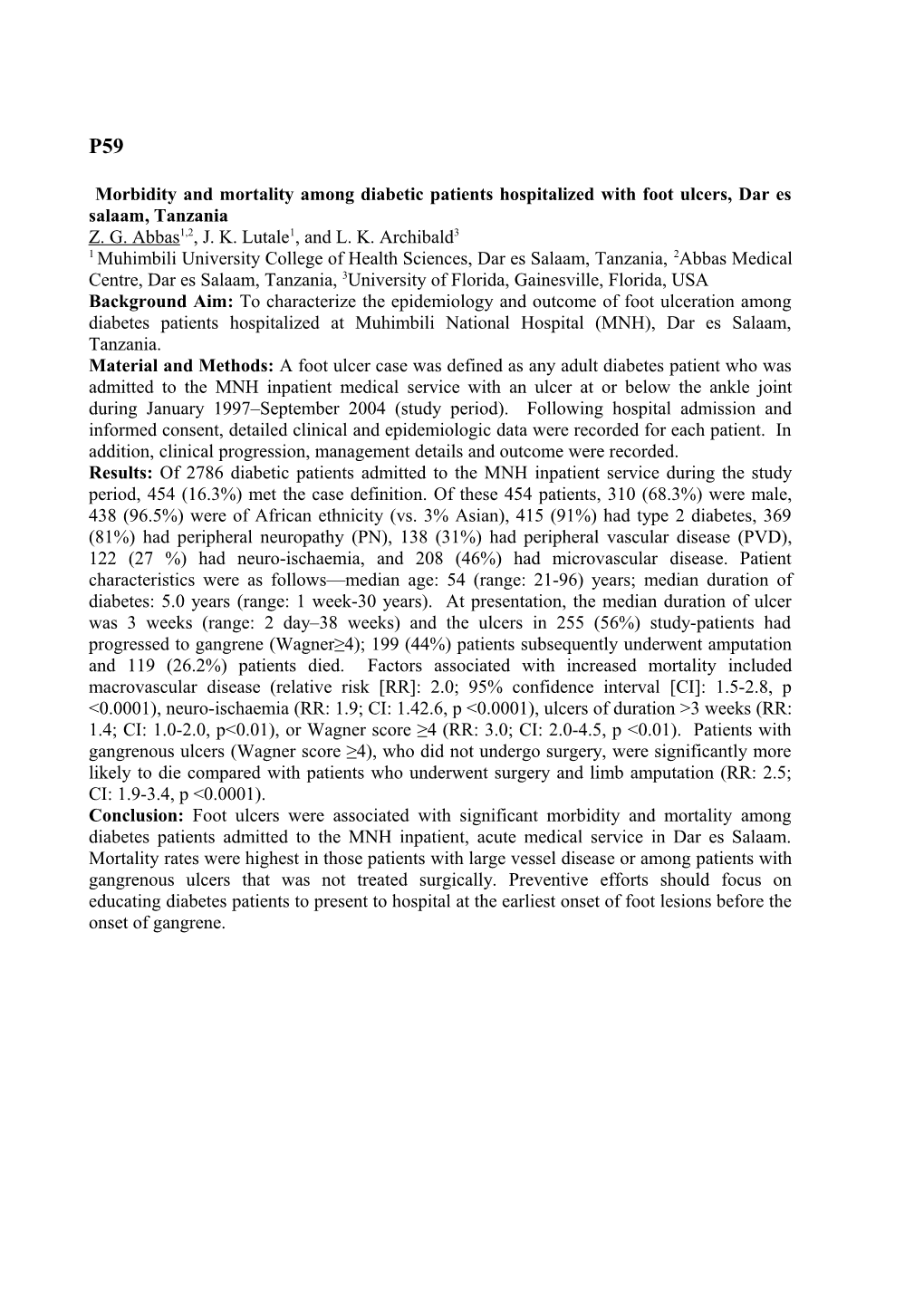 P59 Morbidity and Mortality Among Diabetic Patients Hospitalized with Foot Ulcers, Dar