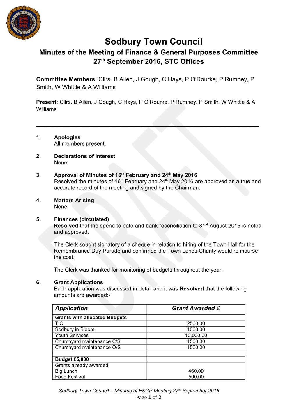 Minutes of the Meeting of Finance & General Purposes Committee