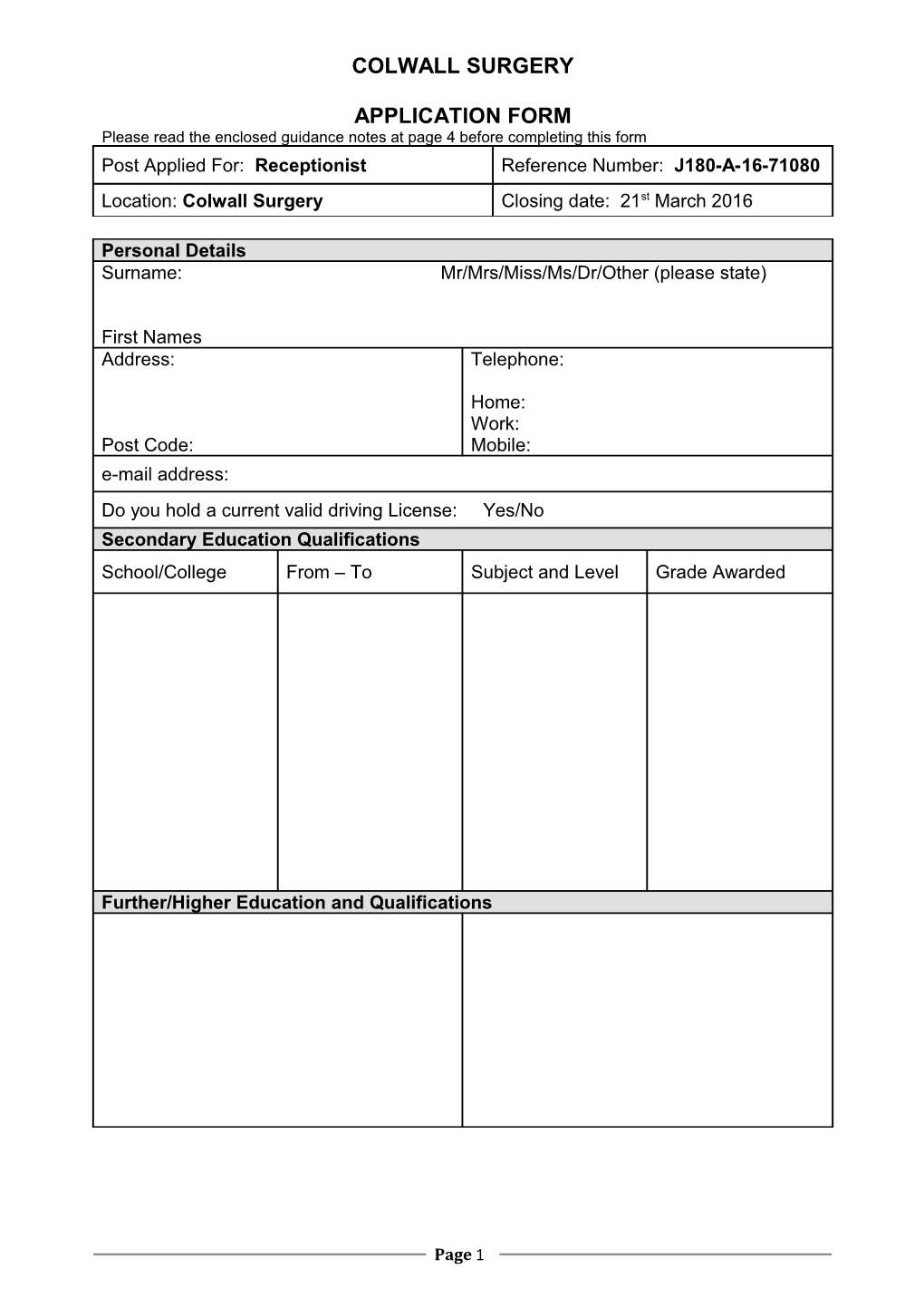 APPLICATION FORM King Street Surgery